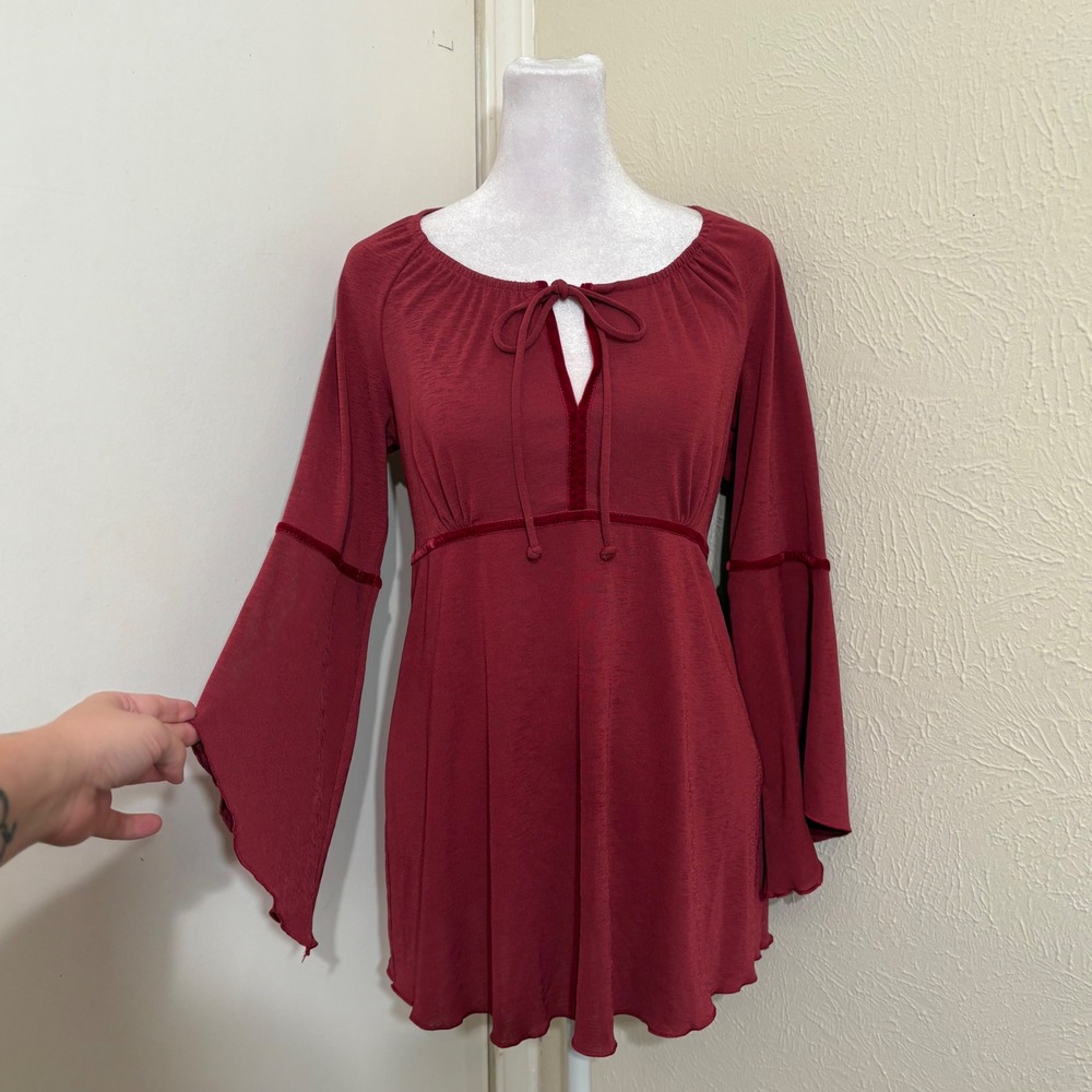 Red Burgundy Empire Waist Bell Sleeve Velvet Trim Ren Faire Whimsigioth Top S